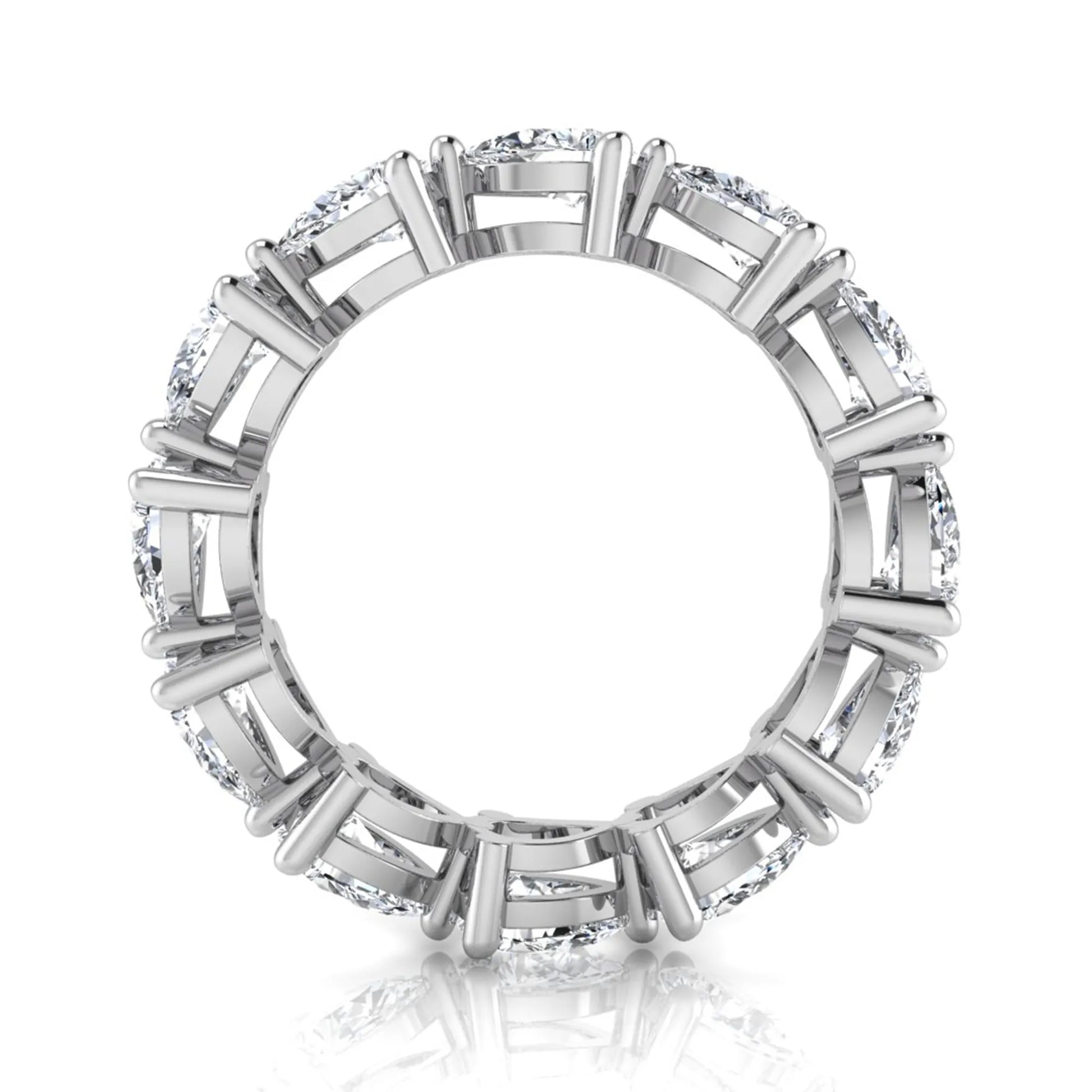 Pear cut lab grown diamond eternity band featuring 4.68 carats of pear-shaped diamonds in a shared-prong eternity setting with a polished white gold finish.