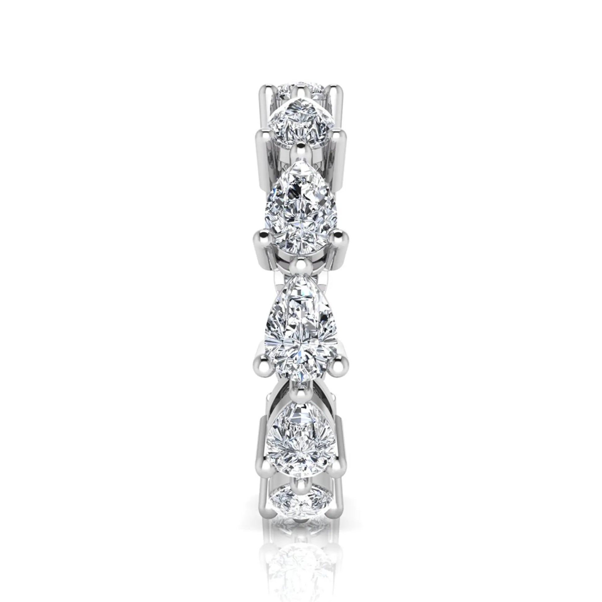 Pear cut lab grown diamond eternity band featuring 4.68 carats of pear-shaped diamonds in a shared-prong eternity setting with a polished white gold finish.