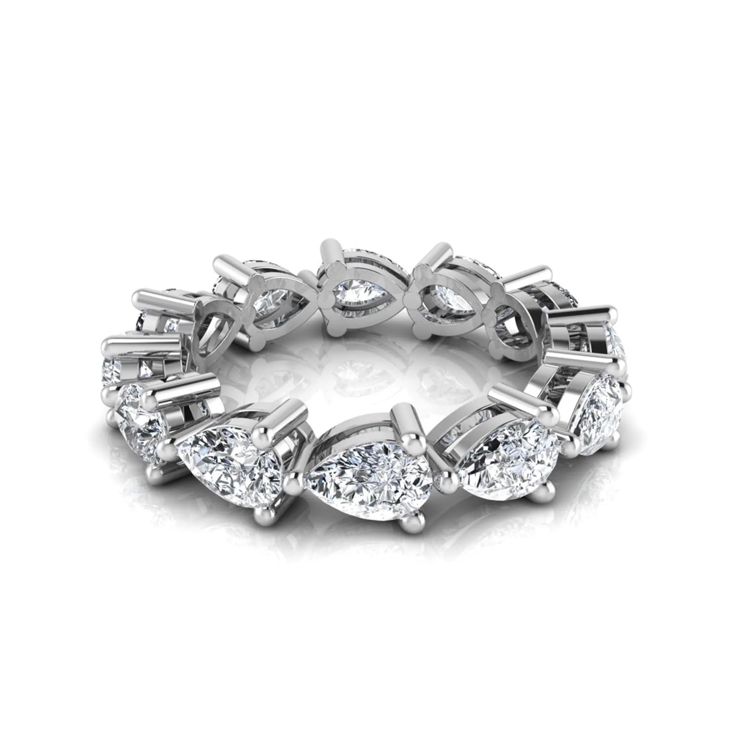Pear cut lab grown diamond eternity band featuring 4.68 carats of pear-shaped diamonds in a shared-prong eternity setting with a polished white gold finish.