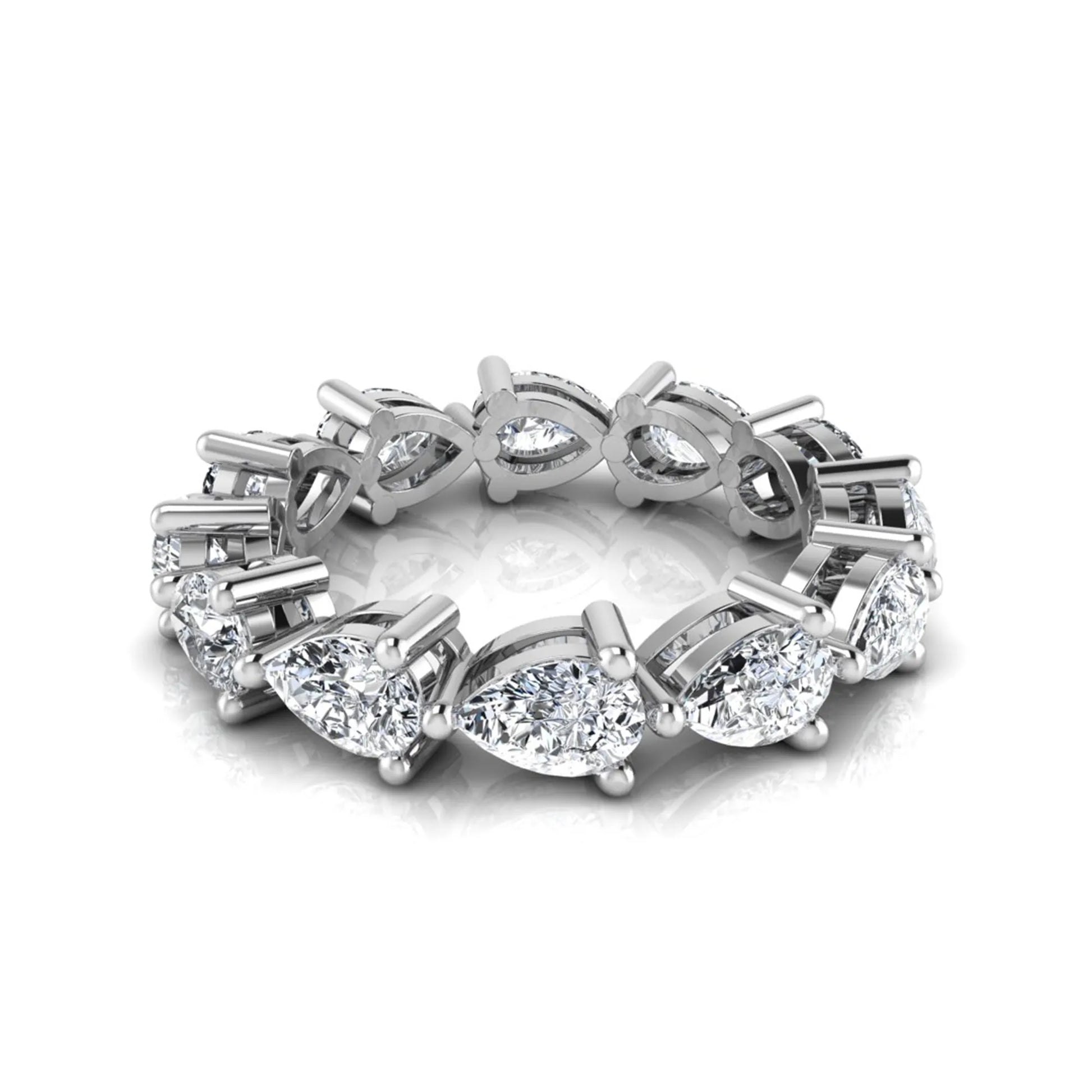 Pear cut lab grown diamond eternity band featuring 4.68 carats of pear-shaped diamonds in a shared-prong eternity setting with a polished white gold finish.