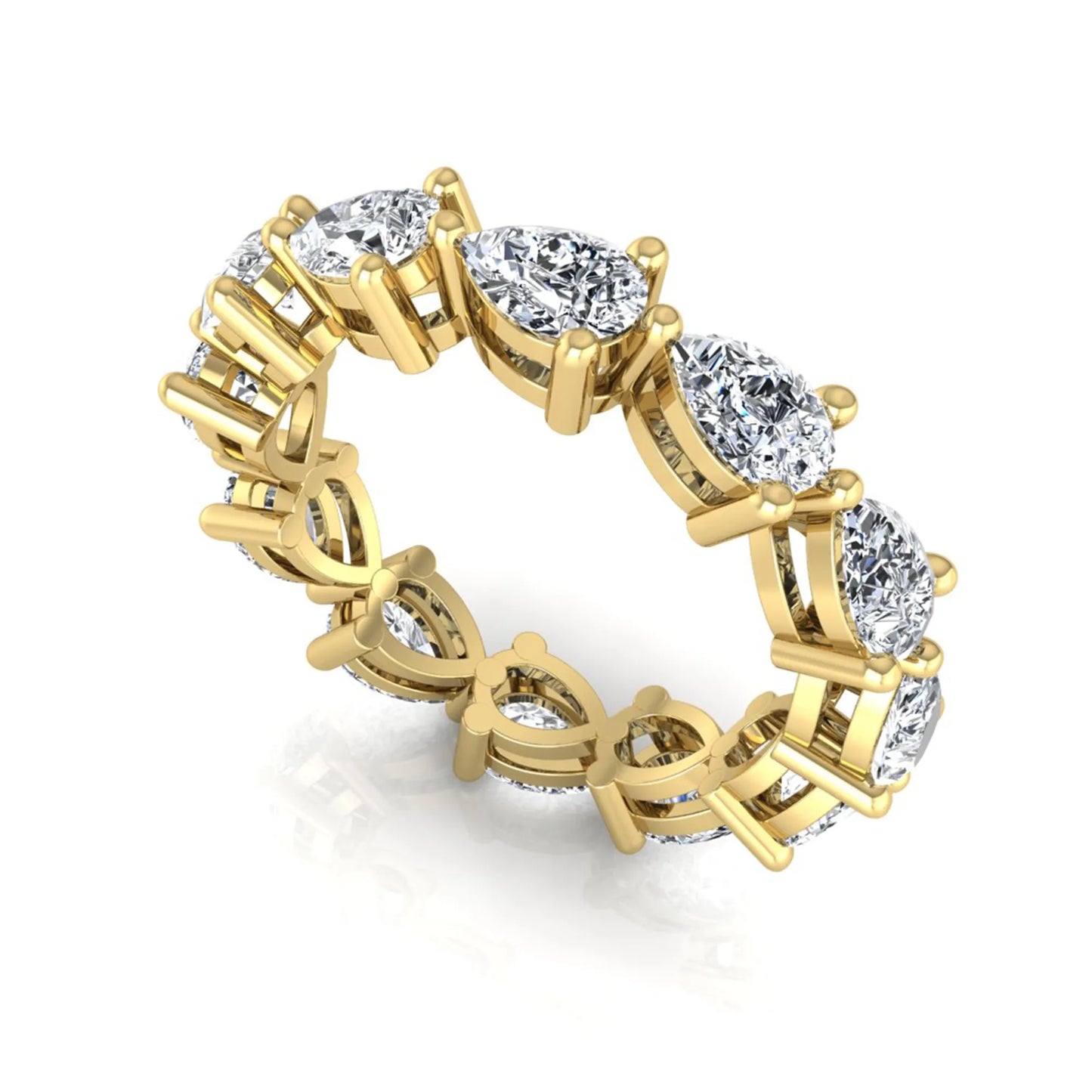 Pear cut lab grown diamond eternity band featuring 4.68 carats of pear-shaped diamonds in a shared-prong eternity setting with a polished yellow gold finish.