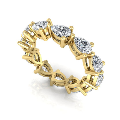 Pear cut lab grown diamond eternity band featuring 4.68 carats of pear-shaped diamonds in a shared-prong eternity setting with a polished yellow gold finish.