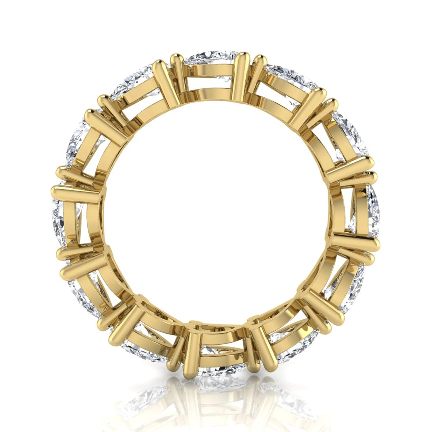 Pear cut lab grown diamond eternity band featuring 4.68 carats of pear-shaped diamonds in a shared-prong eternity setting with a polished yellow gold finish.