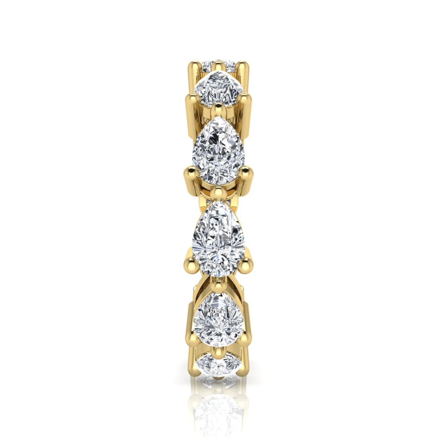 Pear cut lab grown diamond eternity band featuring 4.68 carats of pear-shaped diamonds in a shared-prong eternity setting with a polished yellow gold finish.