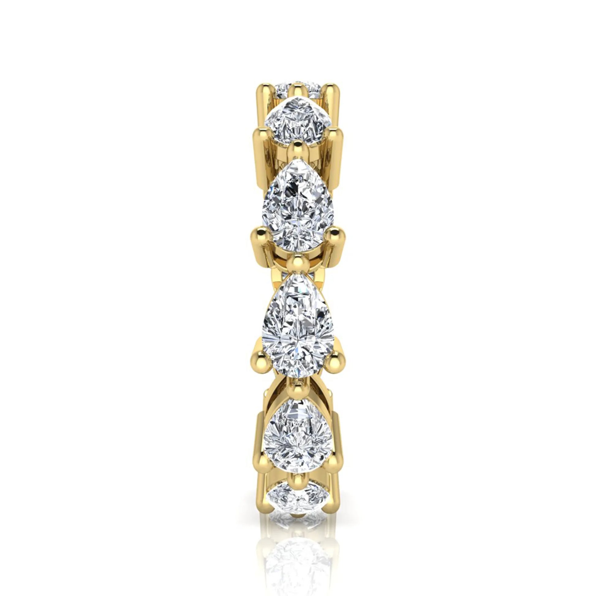 Pear cut lab grown diamond eternity band featuring 4.68 carats of pear-shaped diamonds in a shared-prong eternity setting with a polished yellow gold finish.