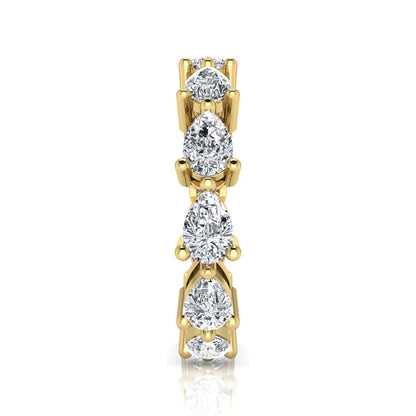 Pear cut lab grown diamond eternity band featuring 4.68 carats of pear-shaped diamonds in a shared-prong eternity setting with a polished yellow gold finish.