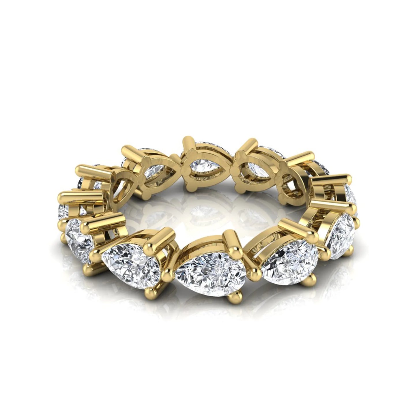 Pear cut lab grown diamond eternity band featuring 4.68 carats of pear-shaped diamonds in a shared-prong eternity setting with a polished yellow gold finish.