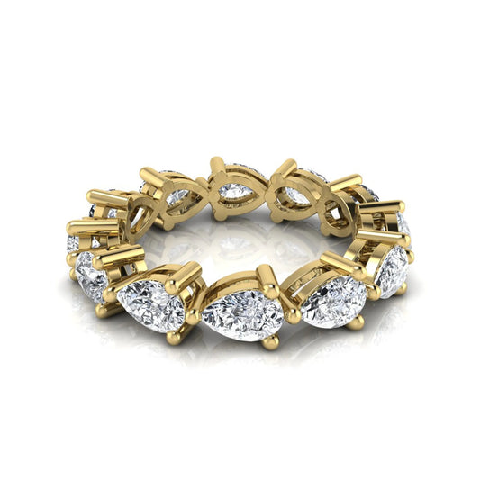 Pear cut lab grown diamond eternity band featuring 4.68 carats of pear-shaped diamonds in a shared-prong eternity setting with a polished yellow gold finish.