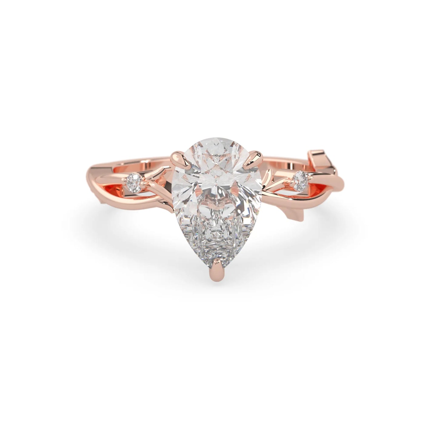 Pear floral three stone lab grown diamond engagement ring with 3 carat center diamond in rose gold