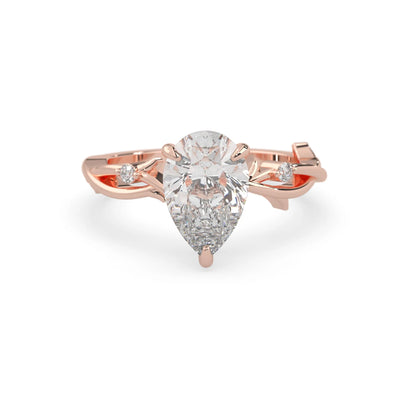 Pear floral three stone lab grown diamond engagement ring with 3 carat center diamond in rose gold