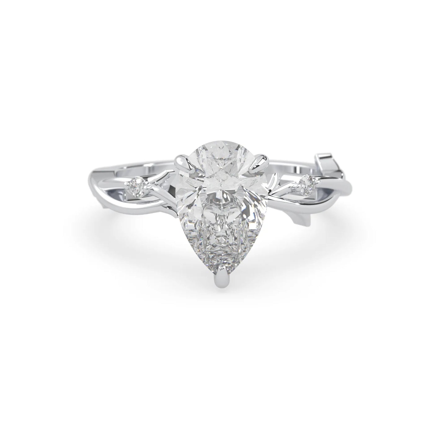 Pear floral three stone lab grown diamond engagement ring with 3 carat center diamond in white gold