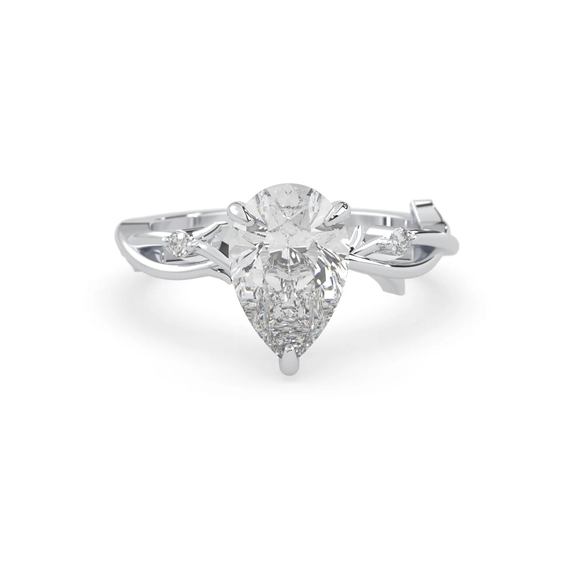 Pear floral three stone lab grown diamond engagement ring with 3 carat center diamond in white gold