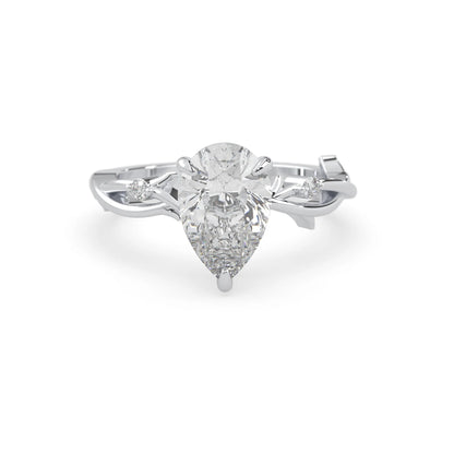 Pear floral three stone lab grown diamond engagement ring with 3 carat center diamond in white gold
