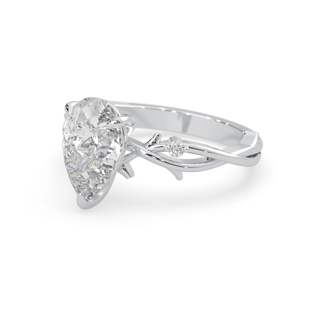 Pear floral three stone lab grown diamond engagement ring with 3 carat center diamond in white gold