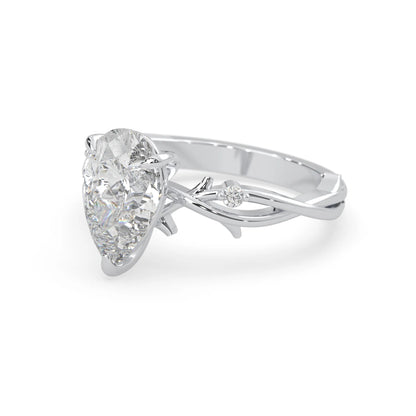 Pear floral three stone lab grown diamond engagement ring with 3 carat center diamond in white gold