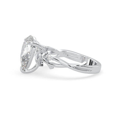 Pear floral three stone lab grown diamond engagement ring with 3 carat center diamond in white gold