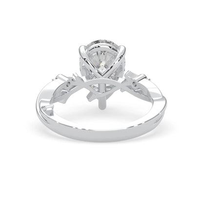 Pear floral three stone lab grown diamond engagement ring with 3 carat center diamond in white gold