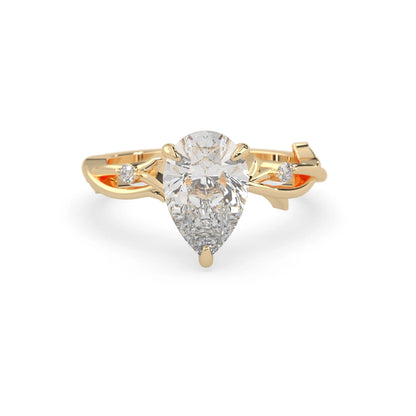Pear floral three stone lab grown diamond engagement ring with 3 carat center diamond in yellow gold