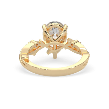 Pear floral three stone lab grown diamond engagement ring with 3 carat center diamond in yellow gold