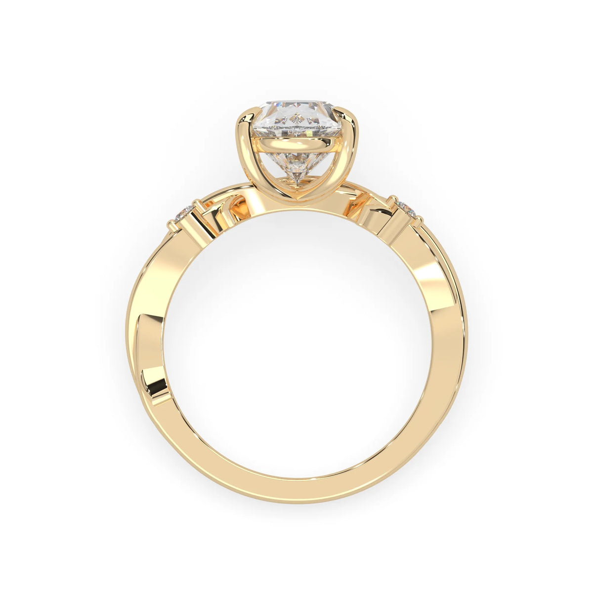 Pear floral three stone lab grown diamond engagement ring with 3 carat center diamond in yellow gold