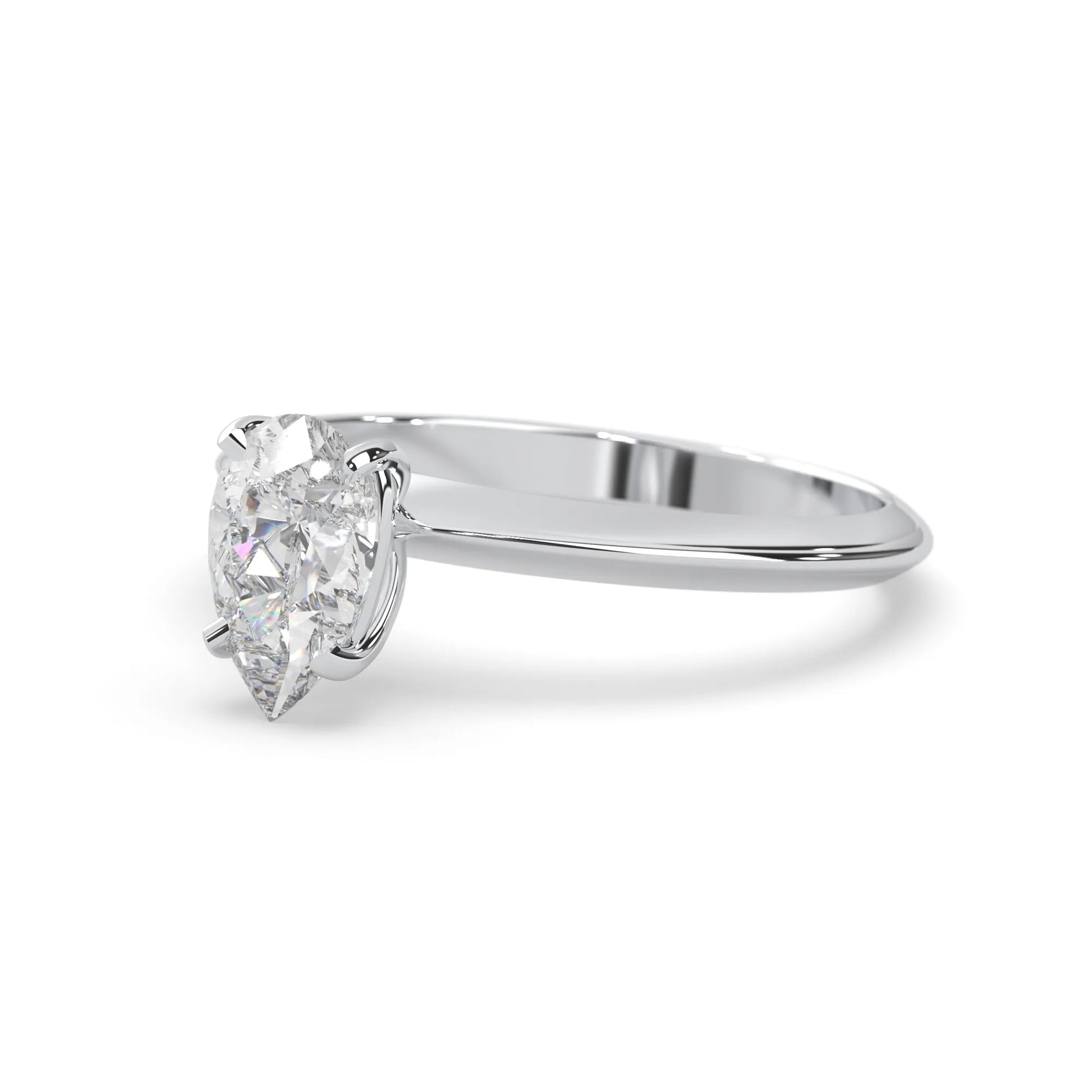 white-gold Diamond ring with a pear-shaped gemstone on a white background