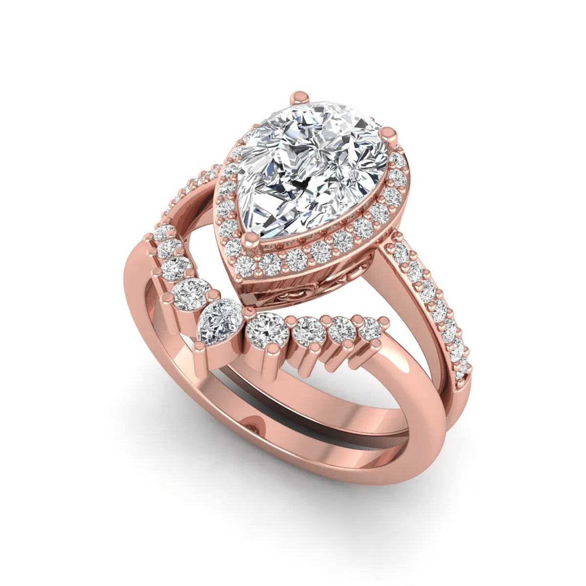 Pear Halo Crown Bridal Ring Set featuring a 10.00 × 7.00 mm pear-cut lab grown diamond with a pear-shaped halo, tiara-inspired crown diamond accents, cathedral pavé engagement ring, and matching contoured double-row pavé wedding band in rose gold