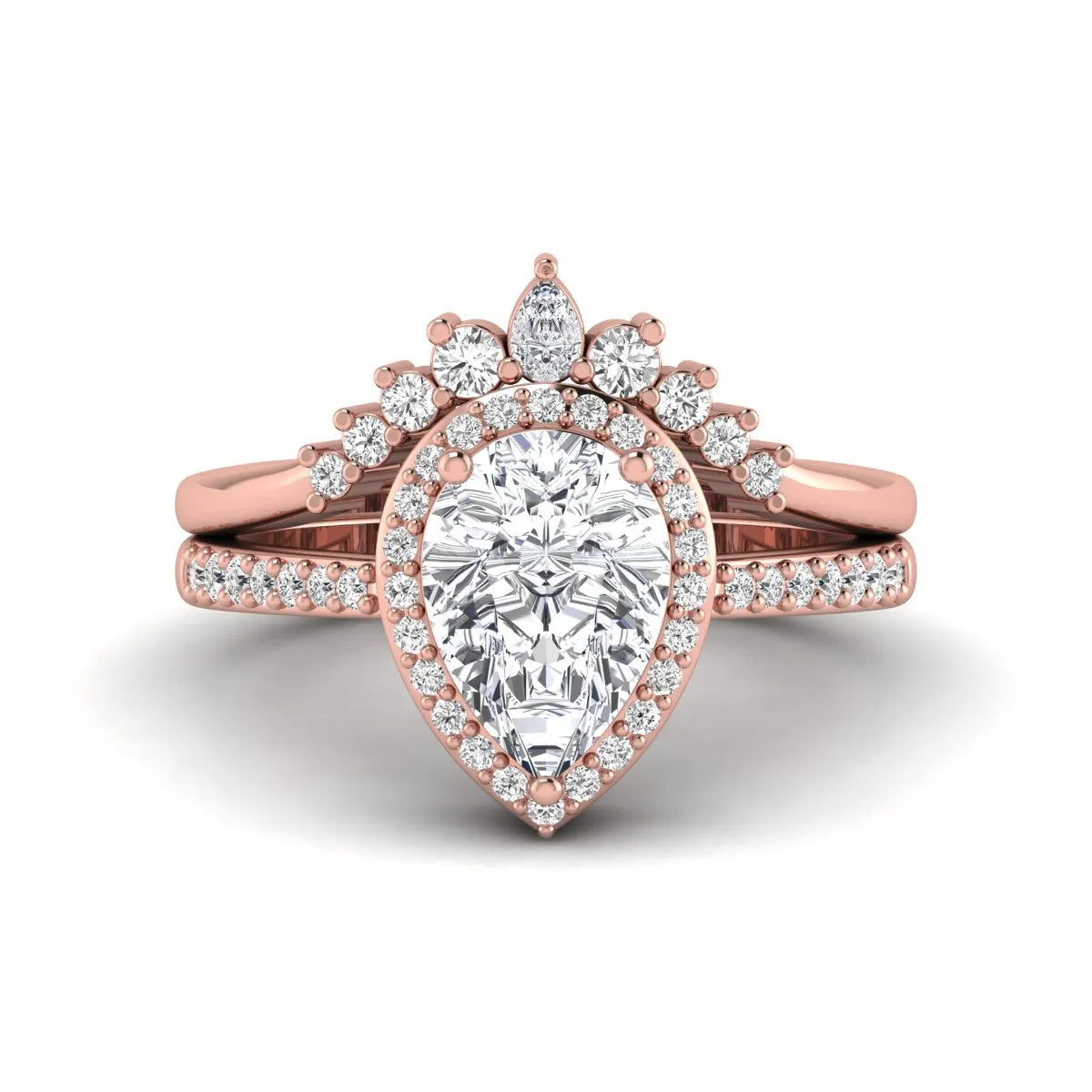 Pear Halo Crown Bridal Ring Set featuring a 10.00 × 7.00 mm pear-cut lab grown diamond with a pear-shaped halo, tiara-inspired crown diamond accents, cathedral pavé engagement ring, and matching contoured double-row pavé wedding band in rose gold