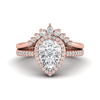 Pear Halo Crown Bridal Ring Set featuring a 10.00 × 7.00 mm pear-cut lab grown diamond with a pear-shaped halo, tiara-inspired crown diamond accents, cathedral pavé engagement ring, and matching contoured double-row pavé wedding band in rose gold