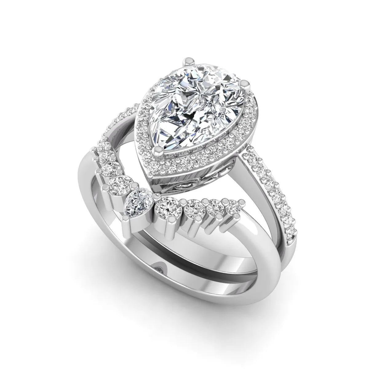 Pear Halo Crown Bridal Ring Set featuring a 10.00 × 7.00 mm pear-cut lab grown diamond with a pear-shaped halo, tiara-inspired crown diamond accents, cathedral pavé engagement ring, and matching contoured double-row pavé wedding band in white gold