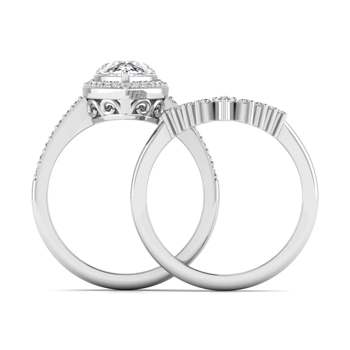 Pear Halo Crown Bridal Ring Set featuring a 10.00 × 7.00 mm pear-cut lab grown diamond with a pear-shaped halo, tiara-inspired crown diamond accents, cathedral pavé engagement ring, and matching contoured double-row pavé wedding band in white gold