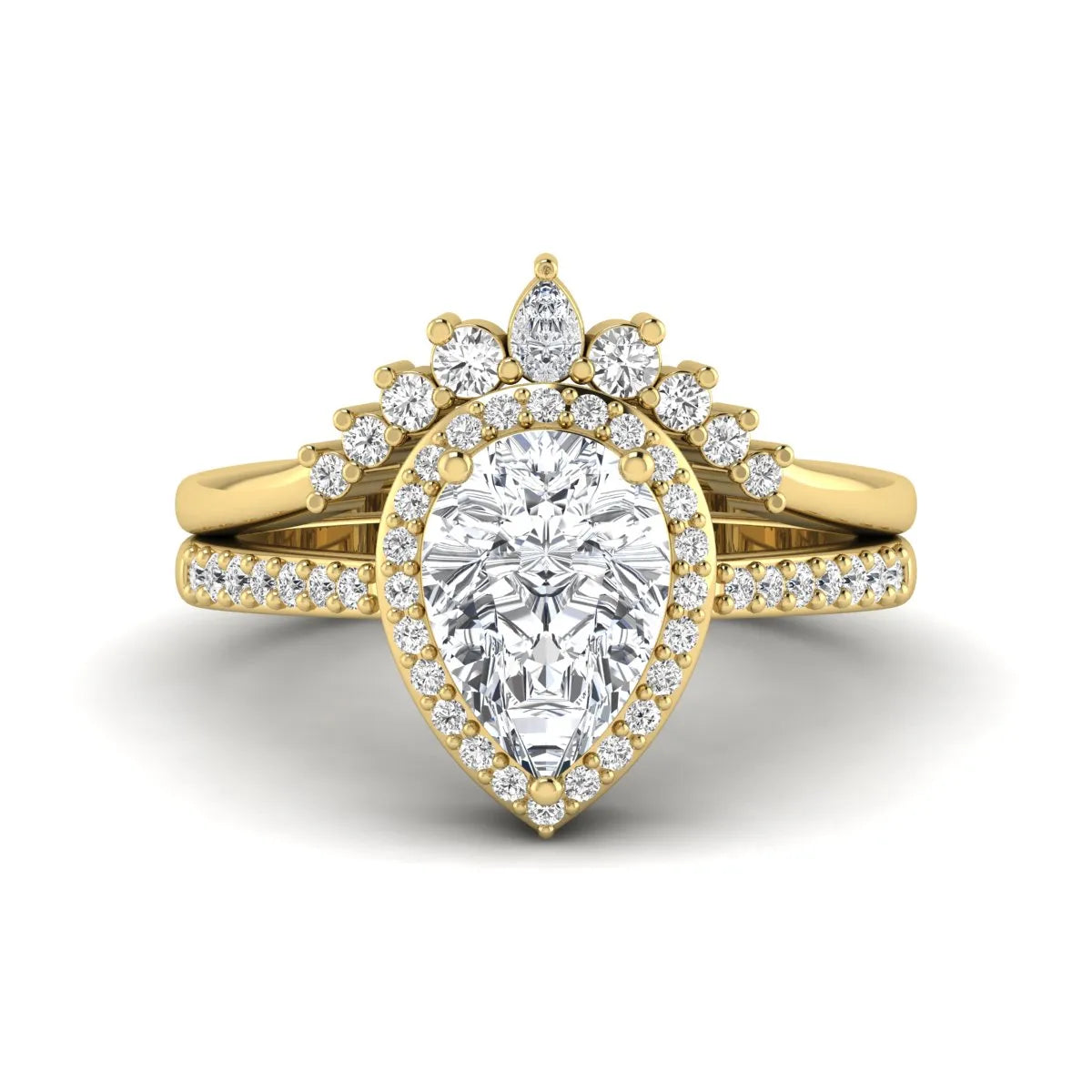 Pear Halo Crown Bridal Ring Set featuring a 10.00 × 7.00 mm pear-cut lab grown diamond with a pear-shaped halo, tiara-inspired crown diamond accents, cathedral pavé engagement ring, and matching contoured double-row pavé wedding band in yellow gold