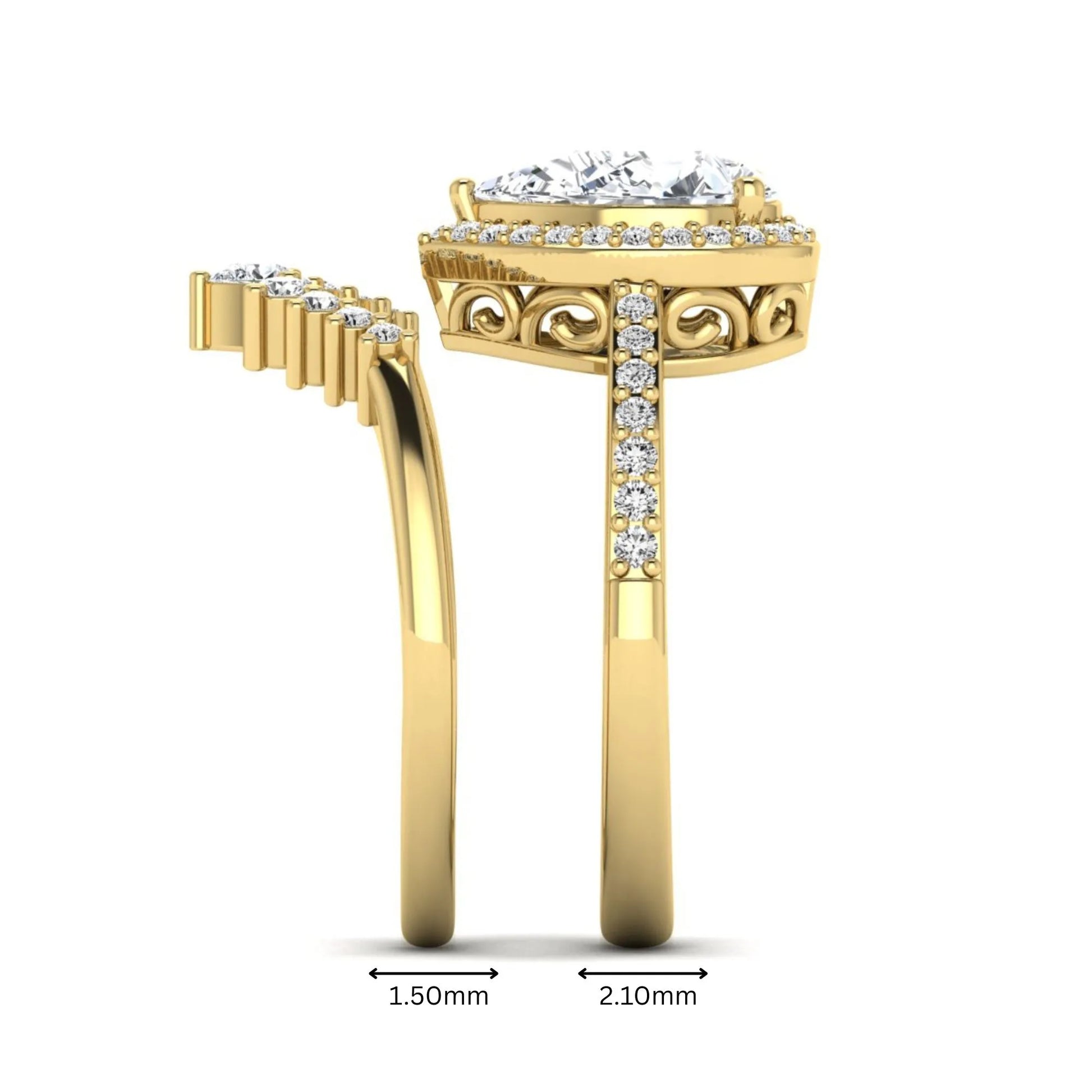 Pear Halo Crown Bridal Ring Set featuring a 10.00 × 7.00 mm pear-cut lab grown diamond with a pear-shaped halo, tiara-inspired crown diamond accents, cathedral pavé engagement ring, and matching contoured double-row pavé wedding band in yellow gold