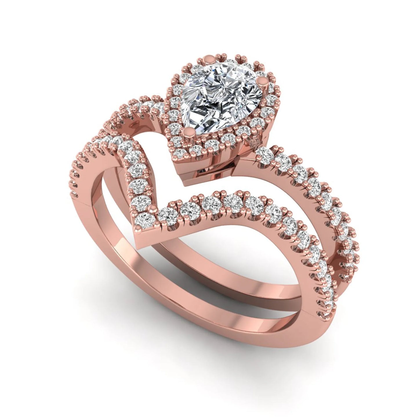 Pear cut lab grown diamond bridal ring set featuring a halo engagement ring with a matching curved pavé wedding band in a rose gold tone design.