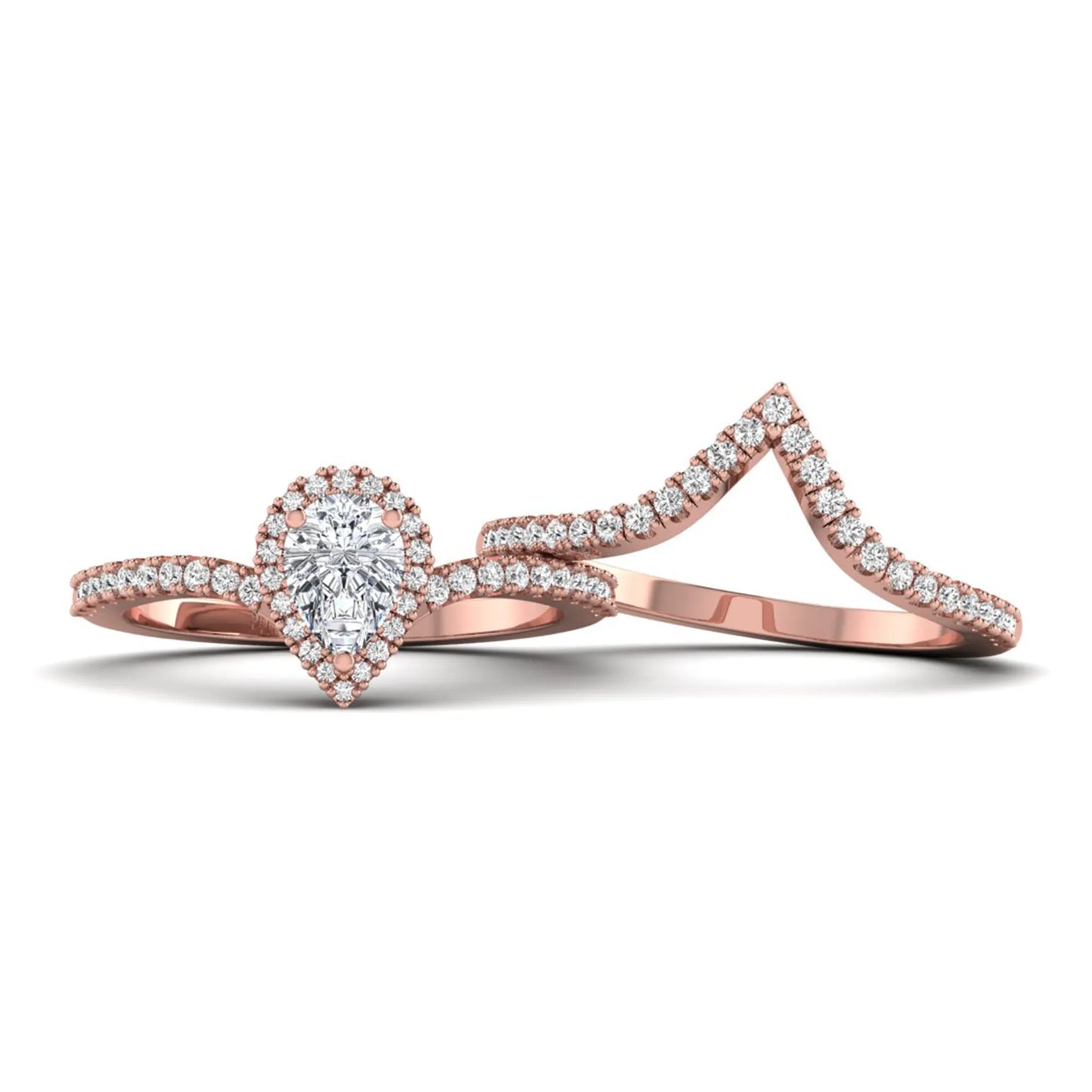 Pear cut lab grown diamond bridal ring set featuring a halo engagement ring with a matching curved pavé wedding band in a rose gold tone design.