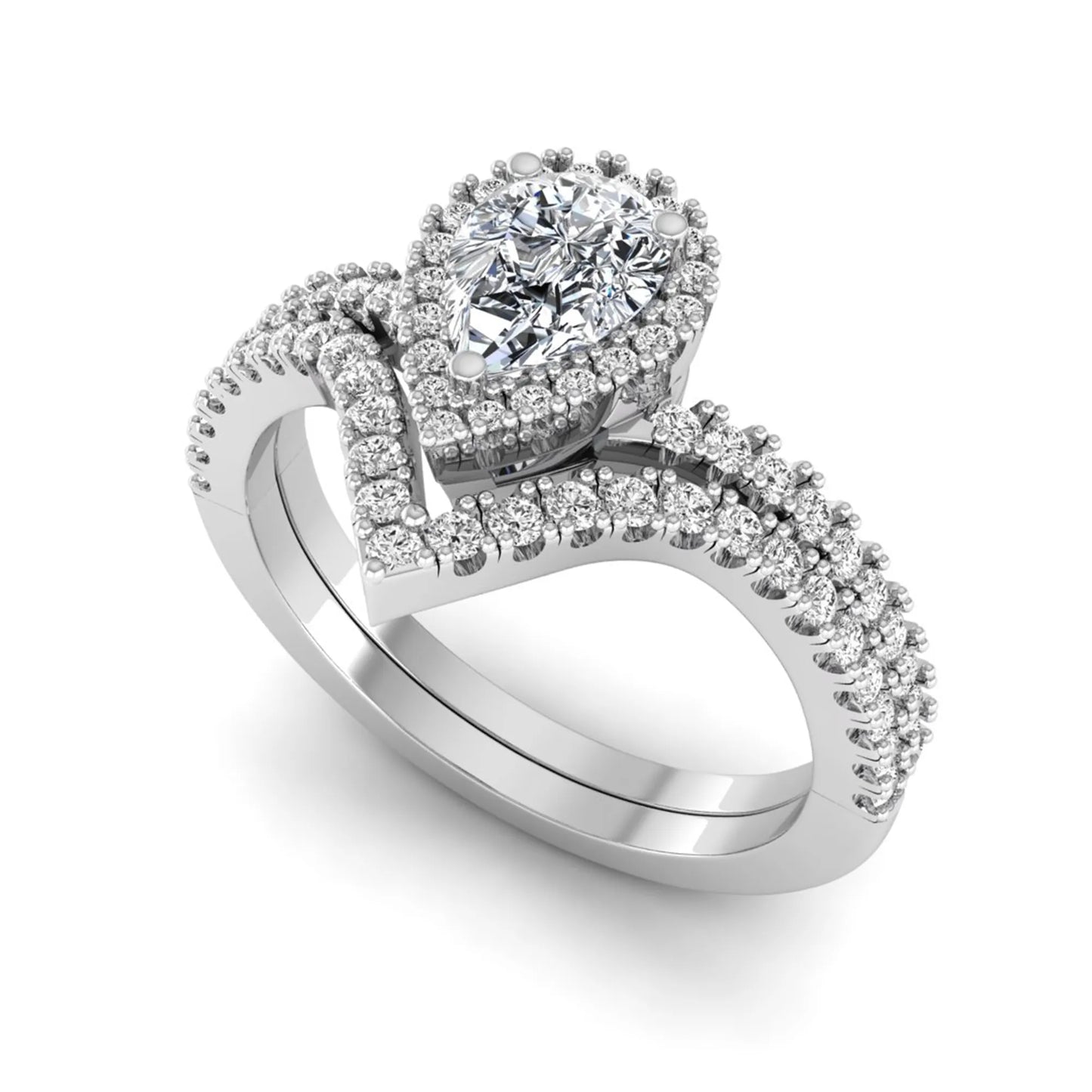 Pear cut lab grown diamond bridal ring set featuring a halo engagement ring with a matching curved pavé wedding band in a white gold tone design.