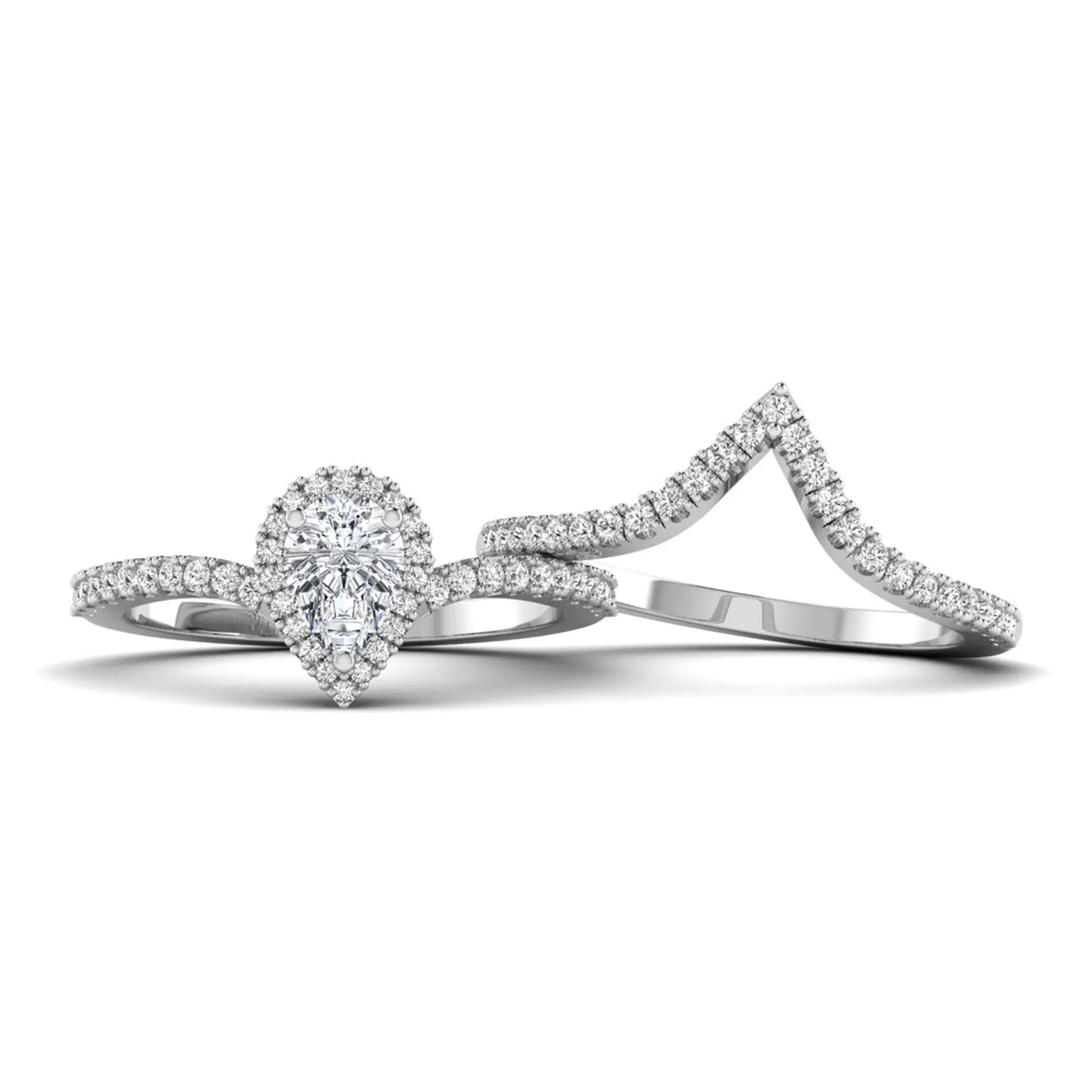 Pear cut lab grown diamond bridal ring set featuring a halo engagement ring with a matching curved pavé wedding band in a white gold tone design.