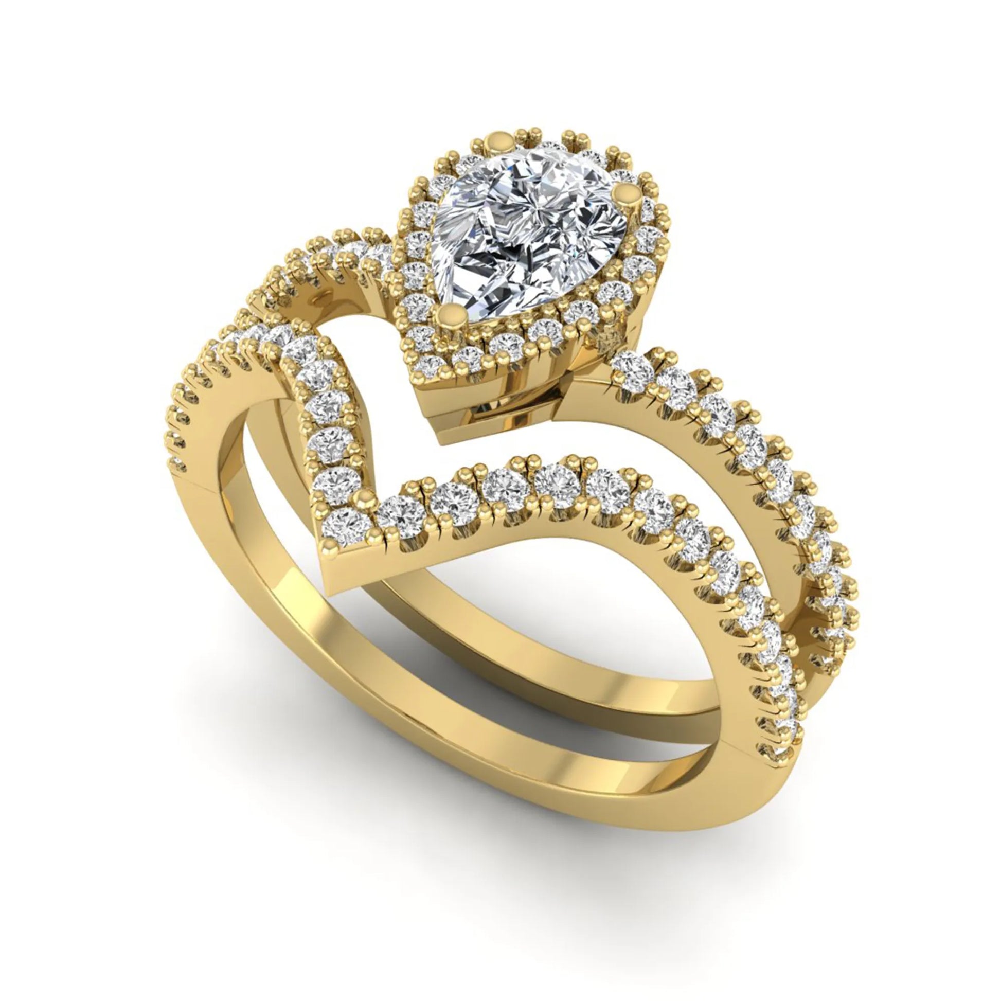 Pear cut lab grown diamond bridal ring set featuring a halo engagement ring with a matching curved pavé wedding band in a yellow gold tone design.