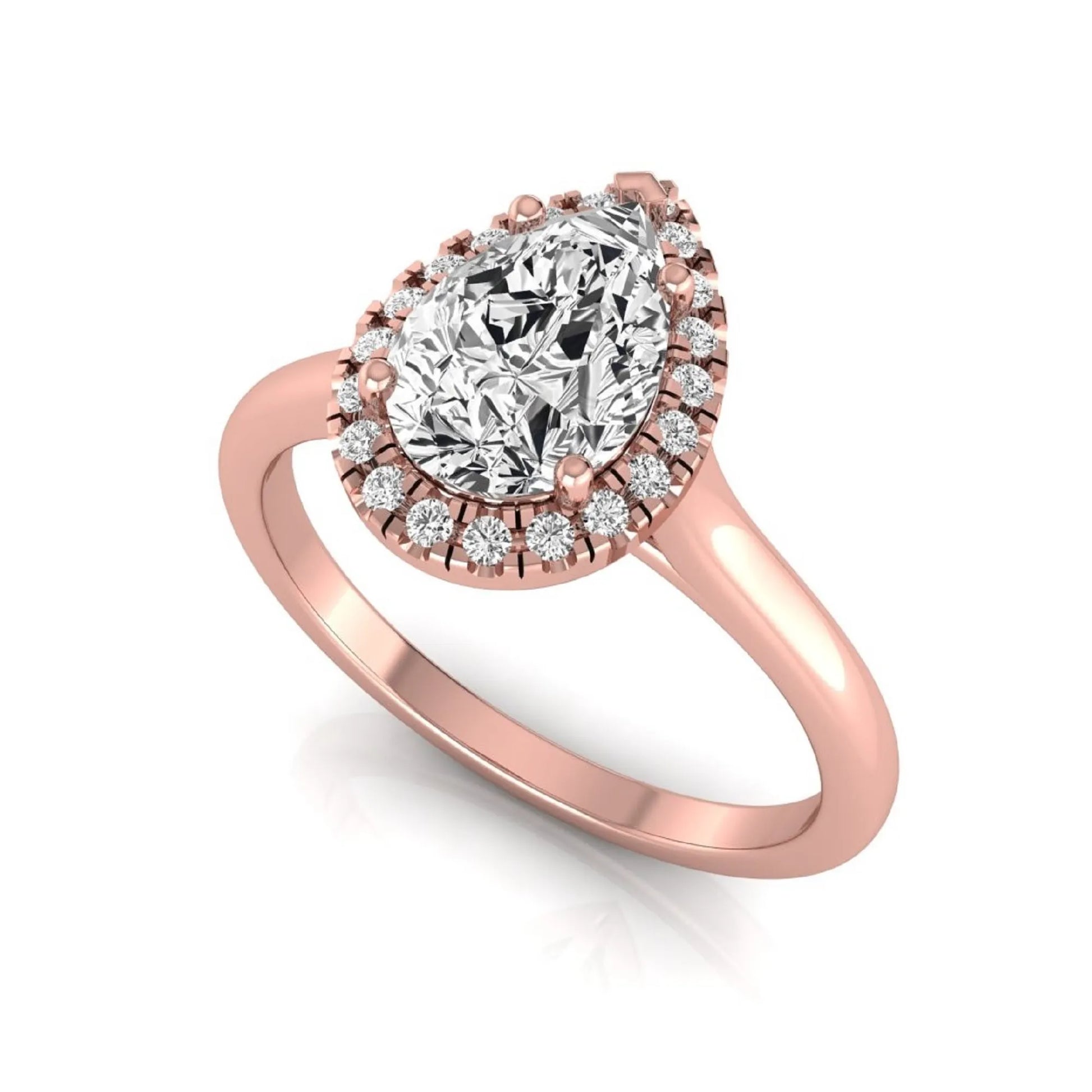 Pear cut lab grown diamond engagement ring featuring a 1.33 carat center diamond surrounded by a sparkling round diamond halo with a polished rose gold band.