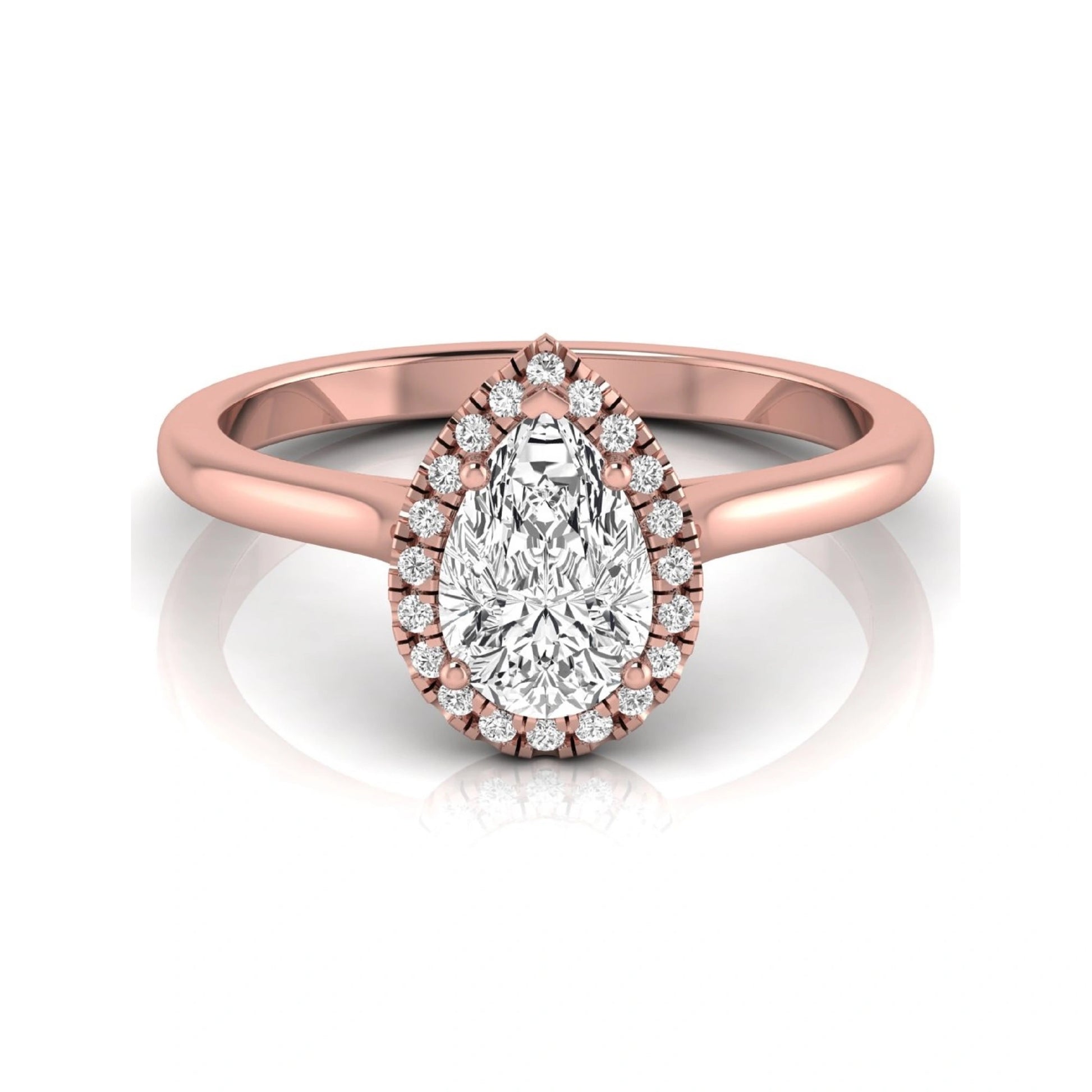 Pear cut lab grown diamond engagement ring featuring a 1.33 carat center diamond surrounded by a sparkling round diamond halo with a polished rose gold band.