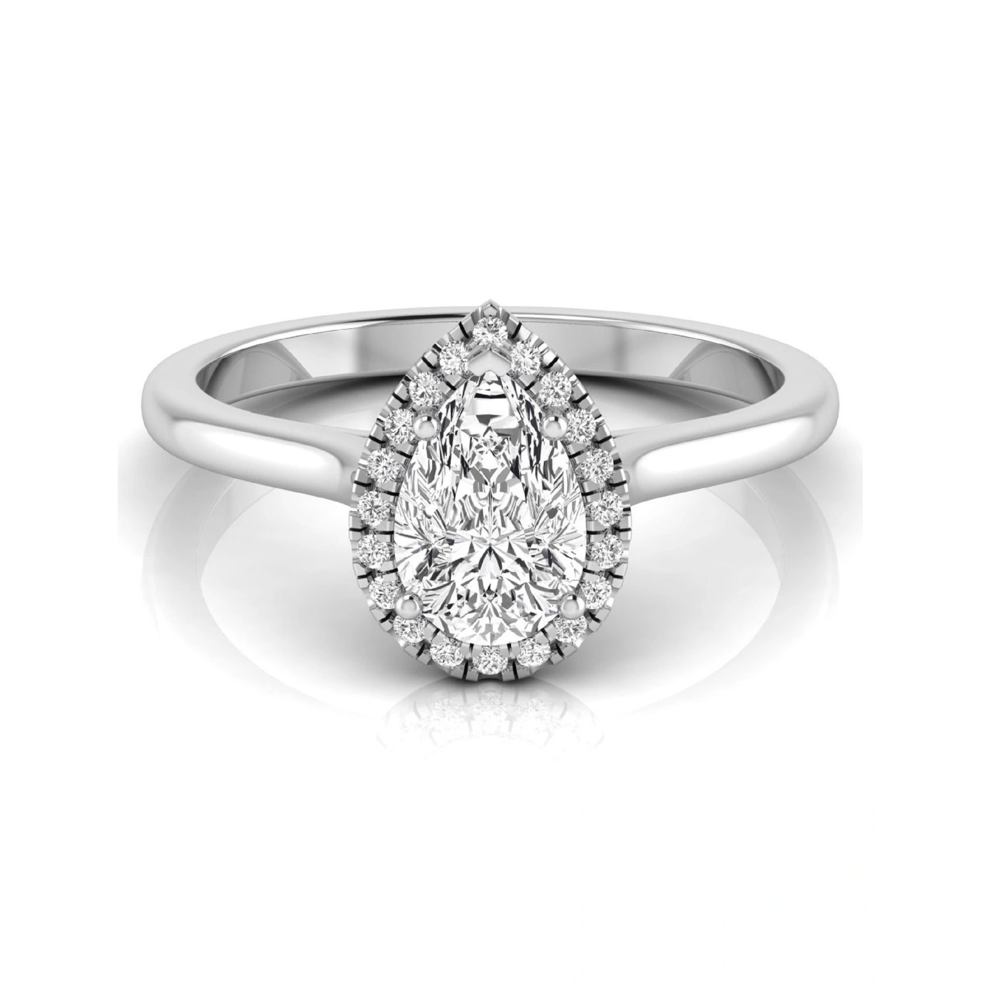 Pear cut lab grown diamond engagement ring featuring a 1.33 carat center diamond surrounded by a sparkling round diamond halo with a polished white gold band.