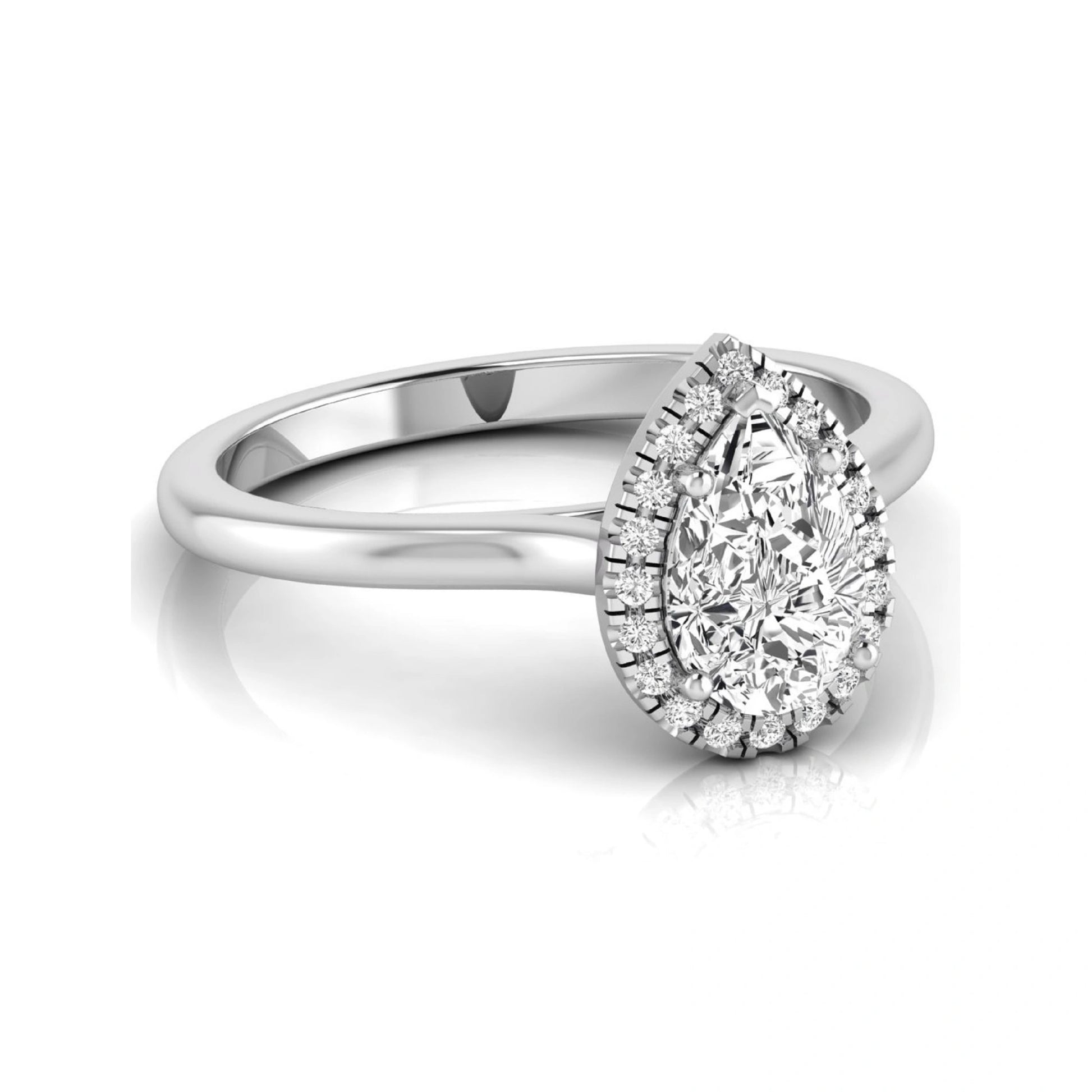 Pear cut lab grown diamond engagement ring featuring a 1.33 carat center diamond surrounded by a sparkling round diamond halo with a polished white gold band.