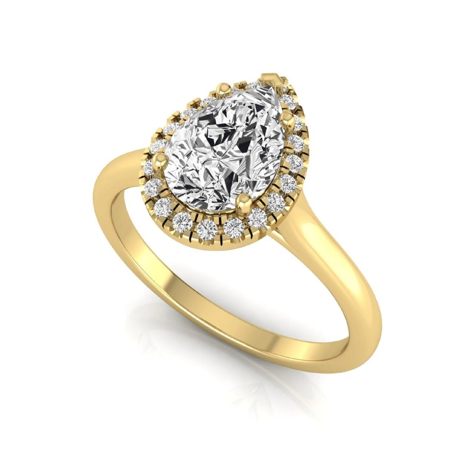 Pear cut lab grown diamond engagement ring featuring a 1.33 carat center diamond surrounded by a sparkling round diamond halo with a polished yellow gold band.