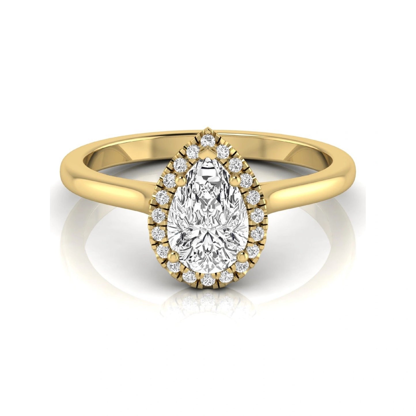 Pear cut lab grown diamond engagement ring featuring a 1.33 carat center diamond surrounded by a sparkling round diamond halo with a polished yellow gold band.