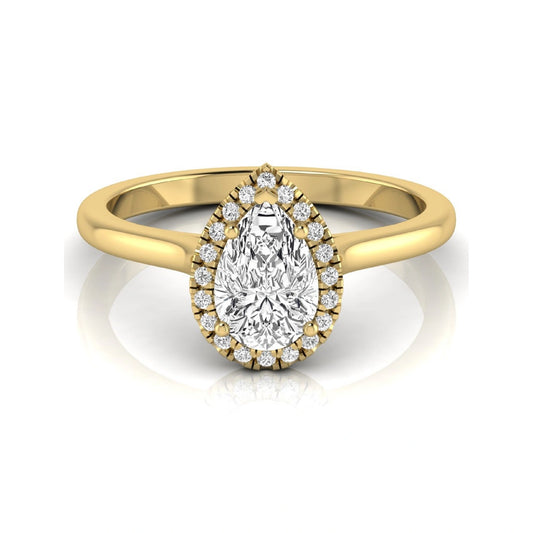 Pear cut lab grown diamond engagement ring featuring a 1.33 carat center diamond surrounded by a sparkling round diamond halo with a polished yellow gold band.