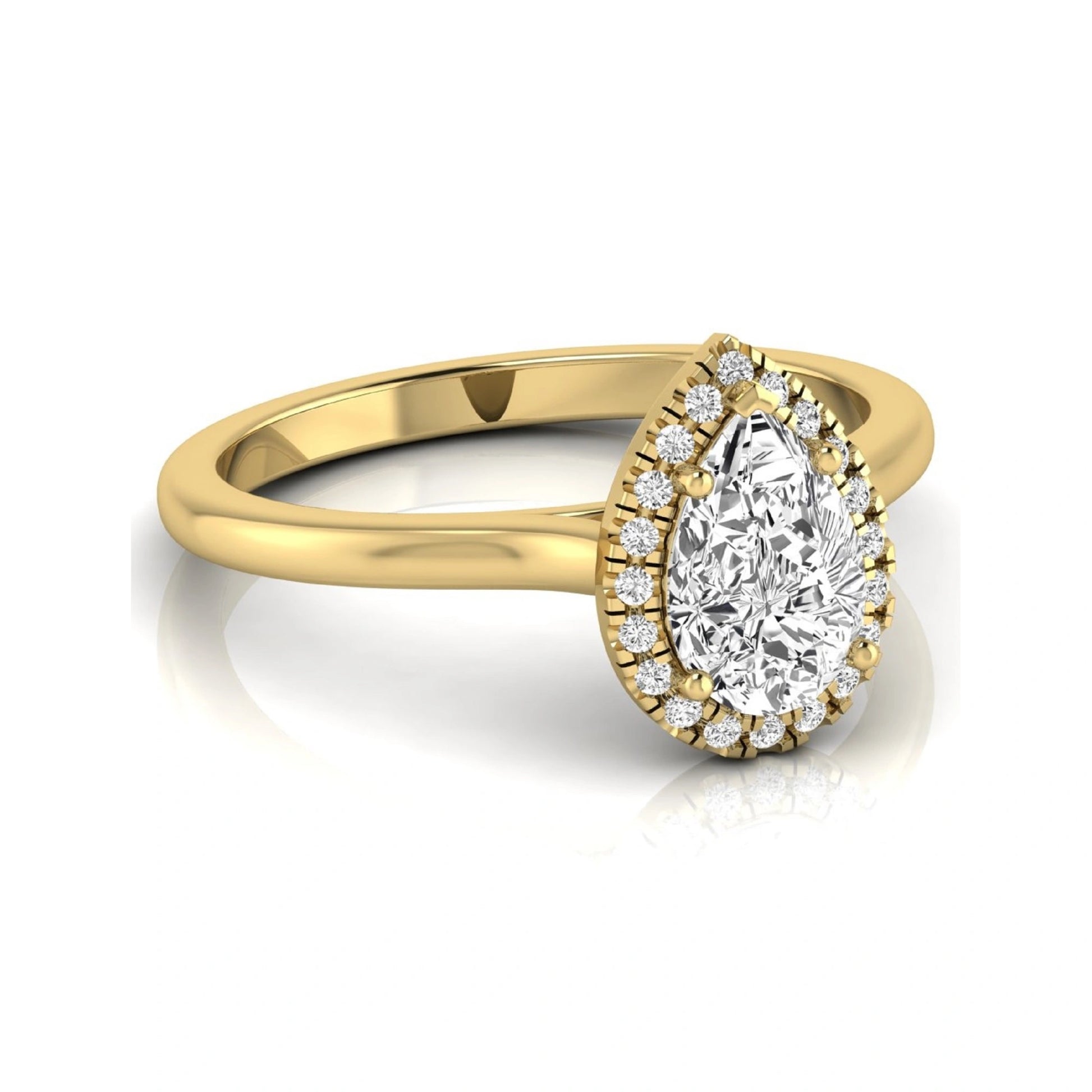 Pear cut lab grown diamond engagement ring featuring a 1.33 carat center diamond surrounded by a sparkling round diamond halo with a polished yellow gold band.