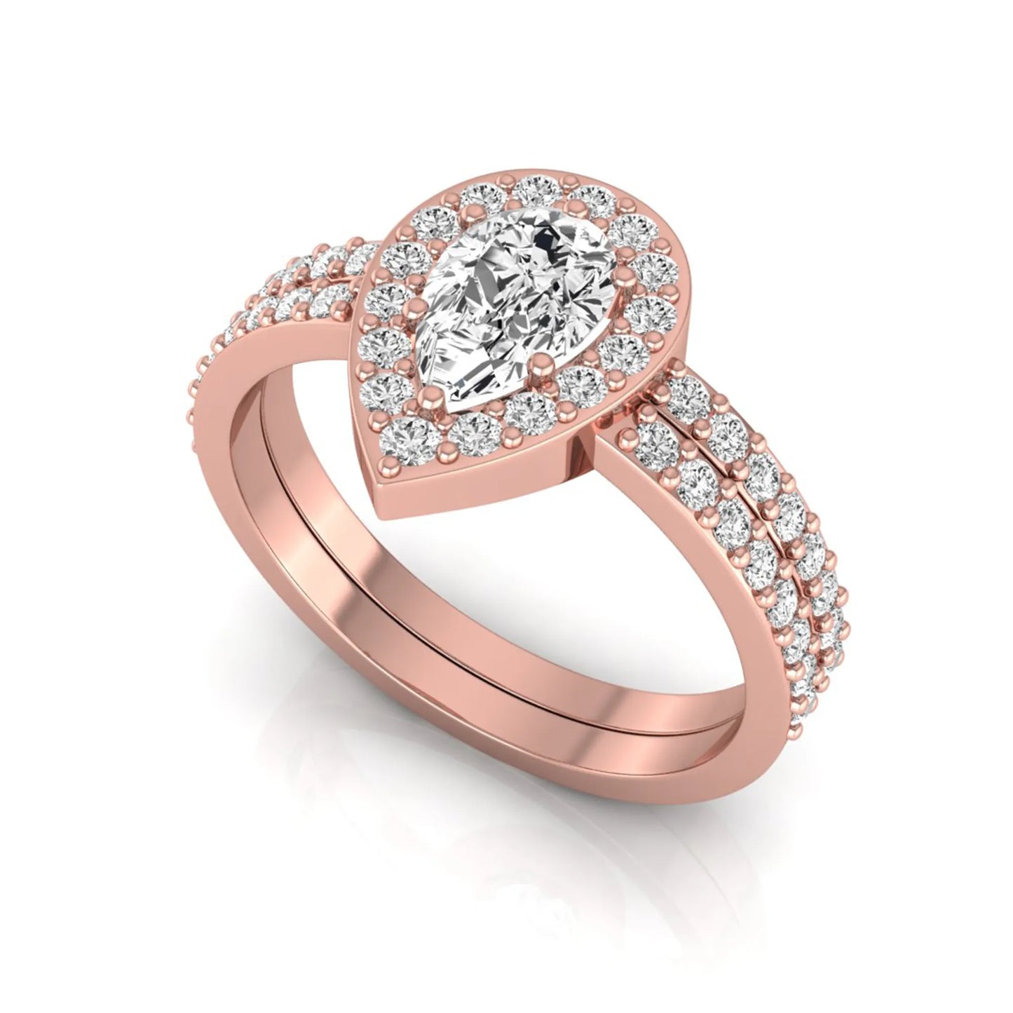 Pear cut lab grown diamond engagement ring with a round diamond halo and double-row pavé band in a rose gold style design.