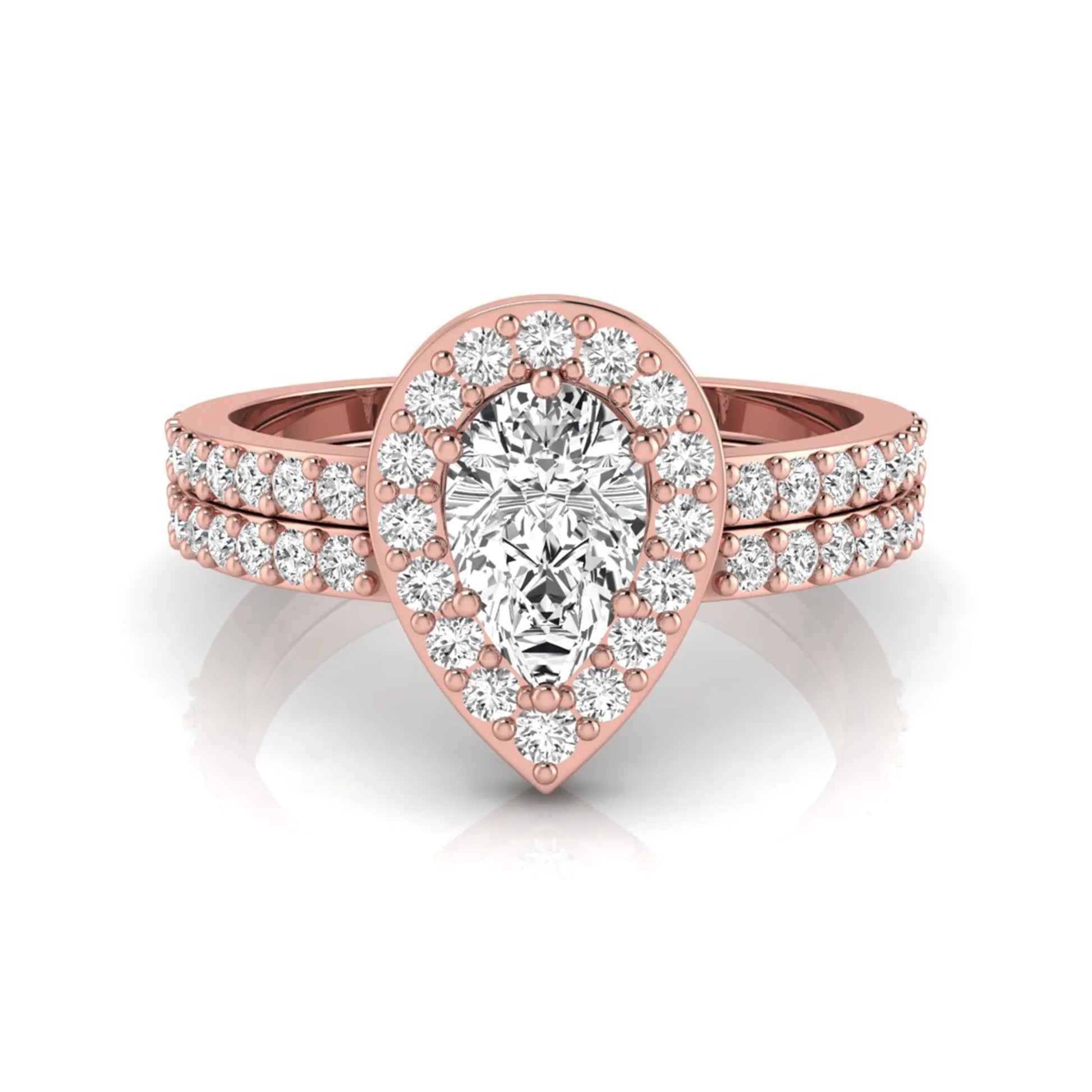 Pear cut lab grown diamond engagement ring with a round diamond halo and double-row pavé band in a rose gold style design.
