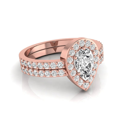 Pear cut lab grown diamond engagement ring with a round diamond halo and double-row pavé band in a rose gold style design.