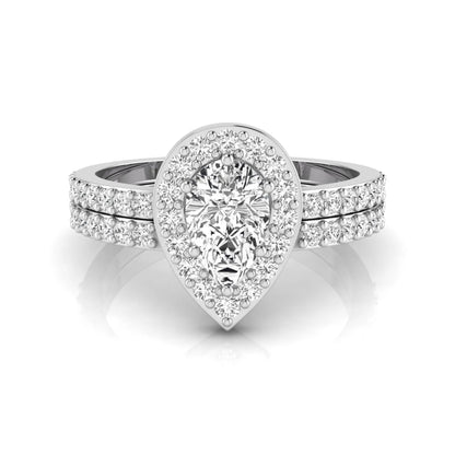 Pear cut lab grown diamond engagement ring with a round diamond halo and double-row pavé band in a white gold style design.