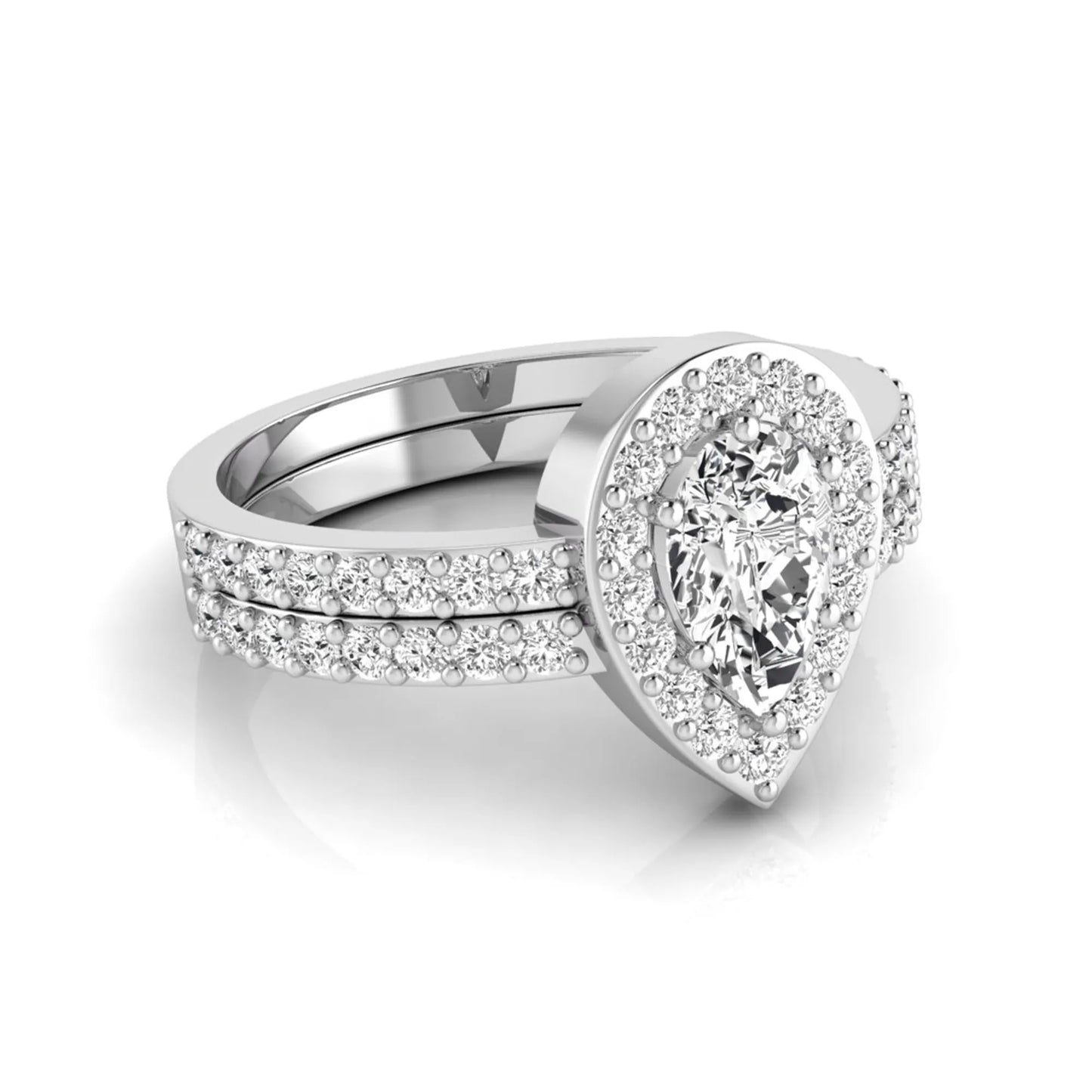Pear cut lab grown diamond engagement ring with a round diamond halo and double-row pavé band in a white gold style design.